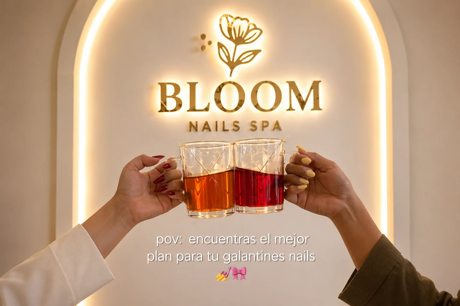 Brindis con té frente al logo iluminado de Bloom Nails Spa